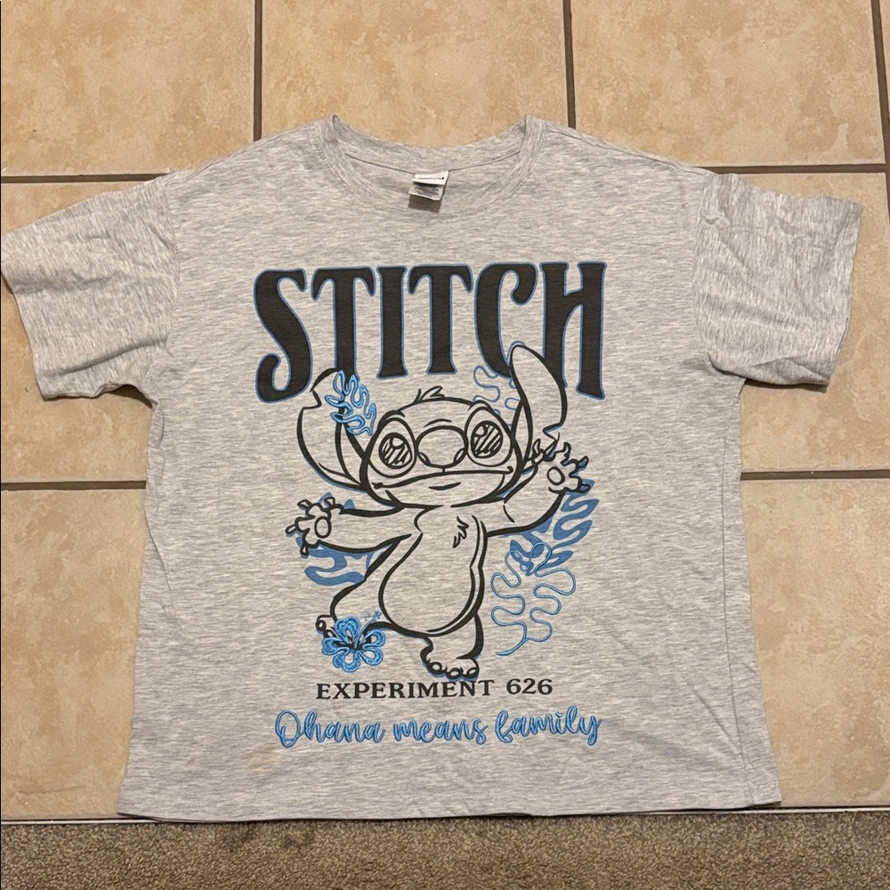 Disney Grey Tee with Blue & Black Stitch Graphic